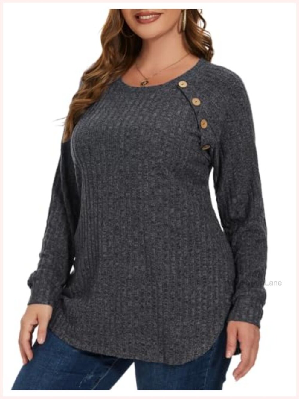 Plus Size Long Sleeve Tunic Sweater Side Button Curved Hem for Leggings